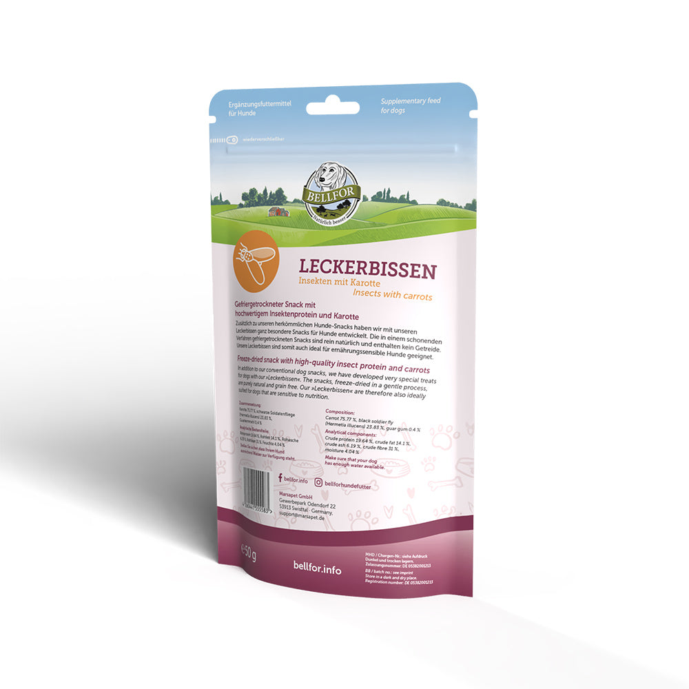 Bellfor Leckerbissen für Hunde - Insekten mit Karotte 50 g - BioTierFutter Onlineshop