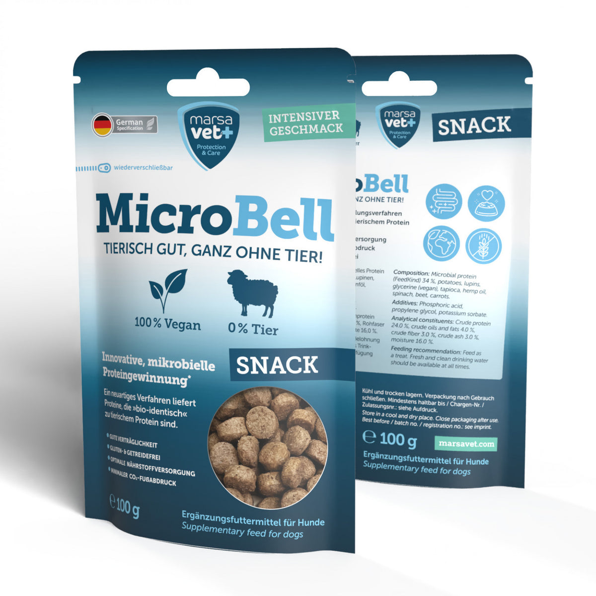 Marsavet MicroBell Snack – Vegane Hundesnacks / Leckerlis mit mikrobiellem Protein – 100g - BioTierFutter Onlineshop
