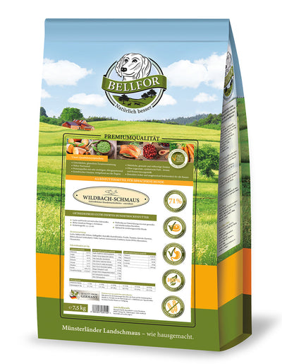 Bellfor Trockenfutter mit Wildlachs Wildbach-Schmaus - BioTierFutter Onlineshop
