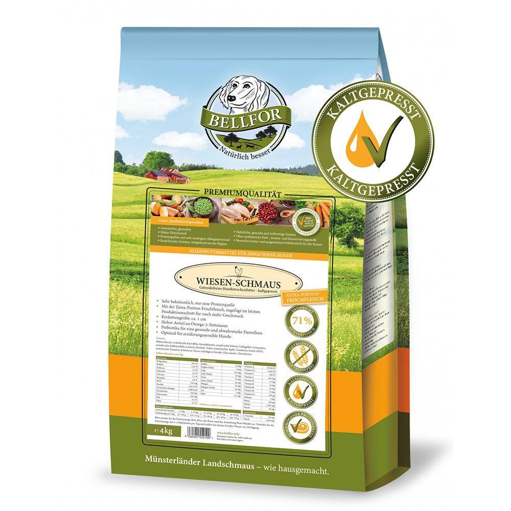Bellfor Trockenfutter für Hunde mit Huhn Wiesen-Schmaus - BioTierFutter Onlineshop
