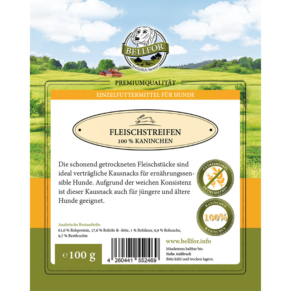 Bellfor Gesunder Hundesnack Fleischstreifen Kaninchen 100 g - BioTierFutter Onlineshop