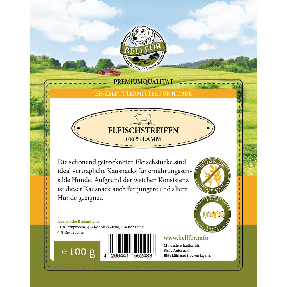 Bellfor Gesunder Hundesnack - Fleischstreifen Lamm 100 g - BioTierFutter Onlineshop