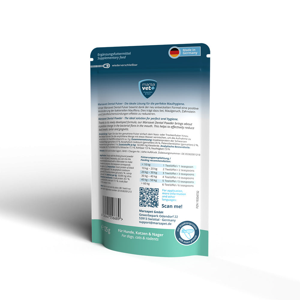 Marsavet Dental Zahnpulver für Hunde, Katzen und Nagetiere mit Insektenprotein - 125 g - BioTierFutter Onlineshop
