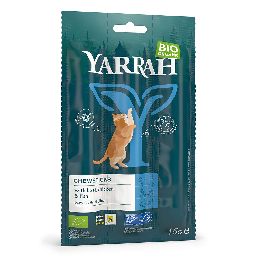 Yarrah Bio Katze Snack getreidefrei Kaustangen mit Fisch (MSC) 15g - BioTierFutter Onlineshop