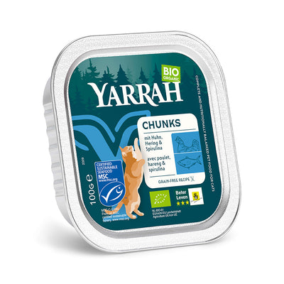 Yarrah Bio Katze Schale Bröckchen getreidefrei Fisch (MSC) 16 x 100 g - BioTierFutter Onlineshop