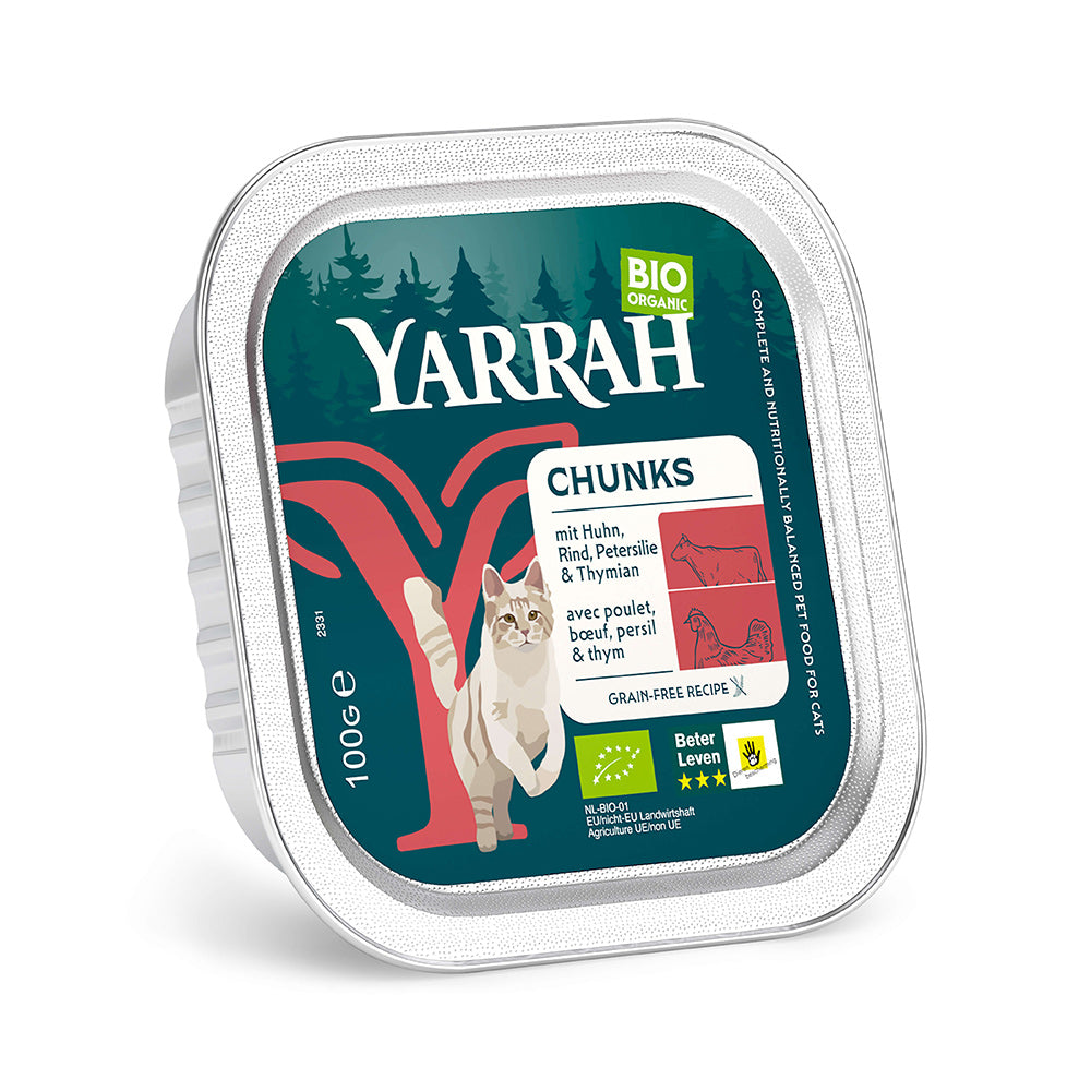 Yarrah Bio Katze Schale Bröckchen getreidefrei Huhn mit Rind 16×100g - BioTierFutter Onlineshop
