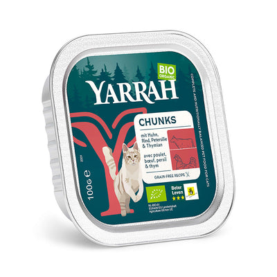 Yarrah Bio Katze Schale Bröckchen getreidefrei Huhn mit Rind 16×100g - BioTierFutter Onlineshop