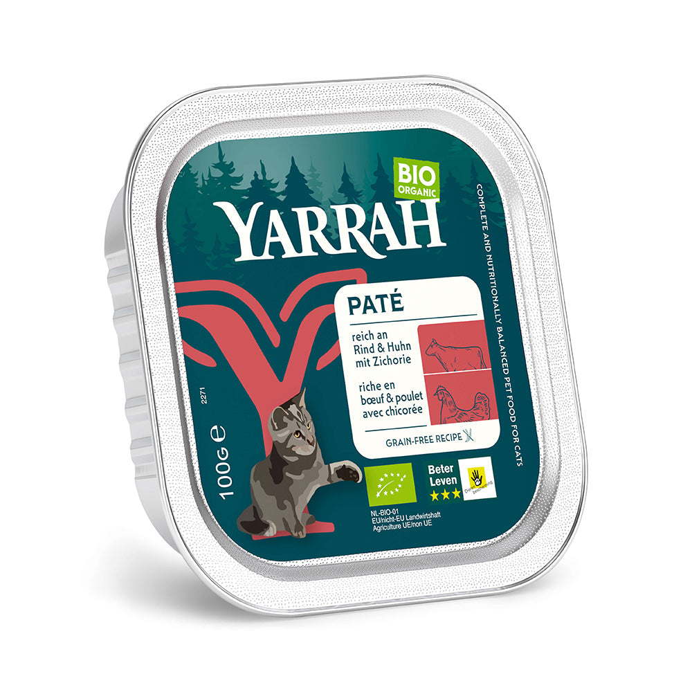 Yarrah Bio Katze Schale Paté getreidefrei mit Rind 16 x 100g - BioTierFutter Onlineshop