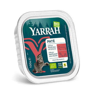Yarrah Bio Katze Schale Paté getreidefrei mit Rind 16 x 100g - BioTierFutter Onlineshop
