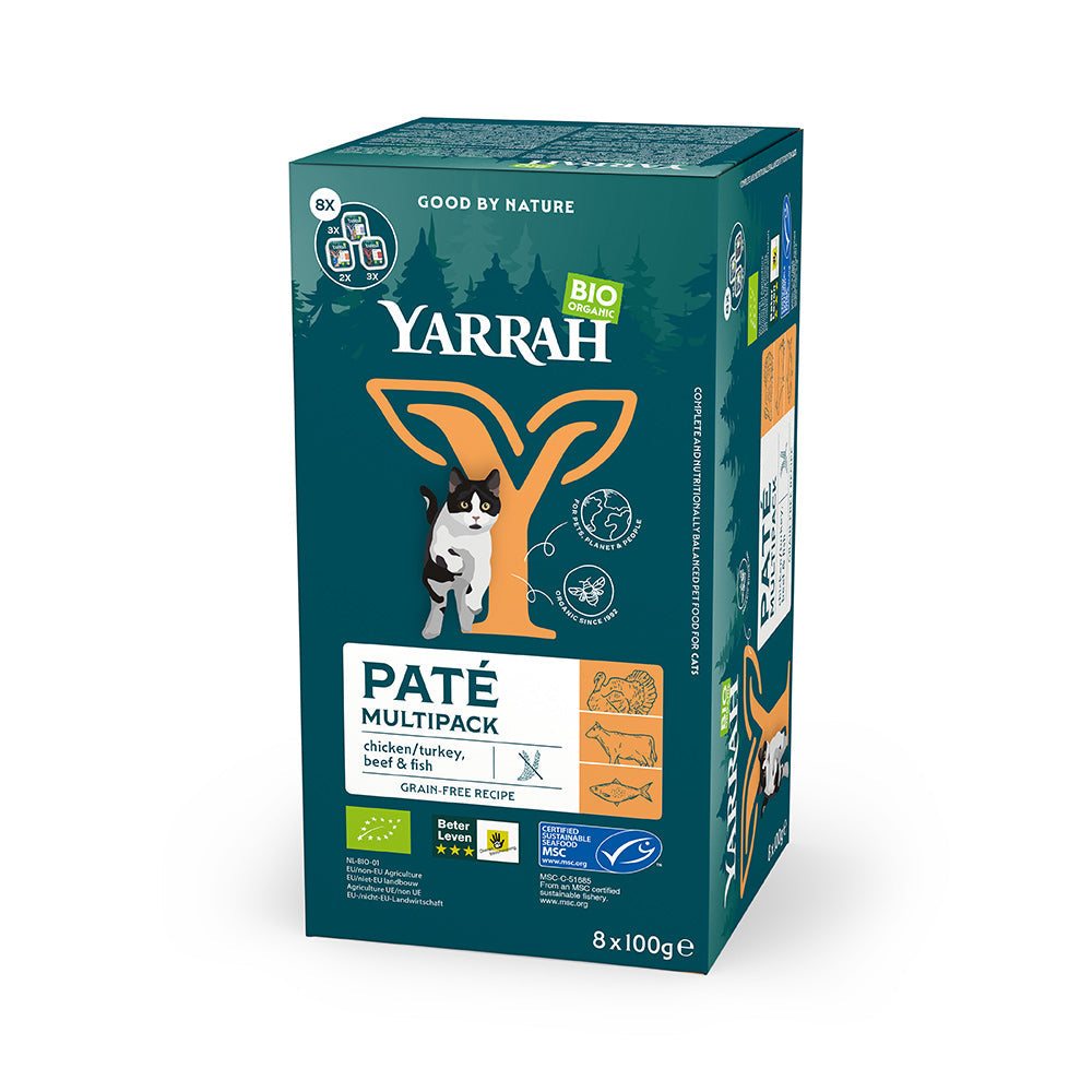 Yarrah Bio Katze Schalen Multipack Paté getreidefrei gemischt (Rind/ Huhn & Truthahn) 8 x 100g - BioTierFutter Onlineshop