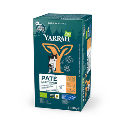 Yarrah Bio Katze Schalen Multipack Paté getreidefrei gemischt (Rind/ Huhn & Truthahn) 8 x 100g - BioTierFutter Onlineshop