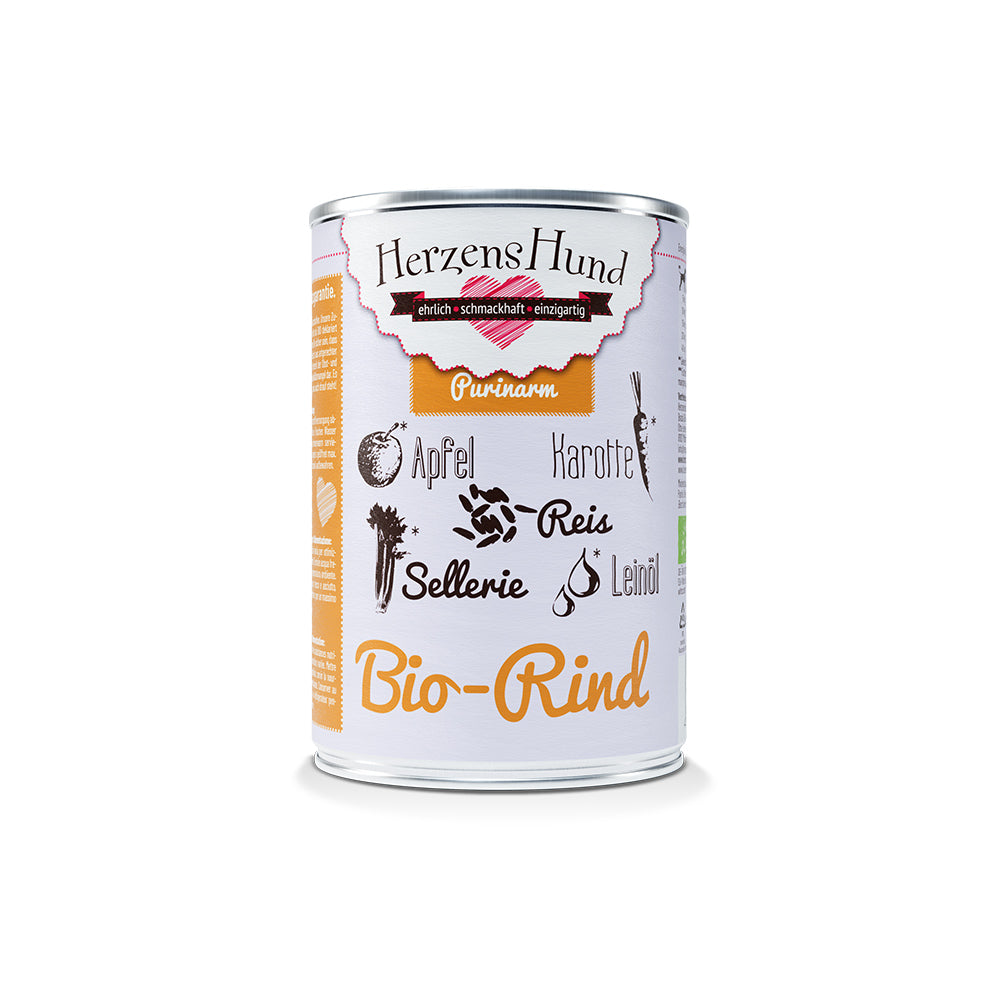 HerzensHund Bio-Rind mit Apfel - purinarm für Hunde 12 x 400g Dose - BioTierFutter Onlineshop