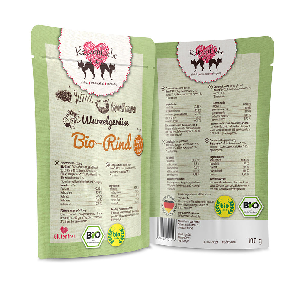 KatzenLiebe Bio-Rind mit Bio-Wurzelgemüse für Katzen - BioTierFutter Onlineshop